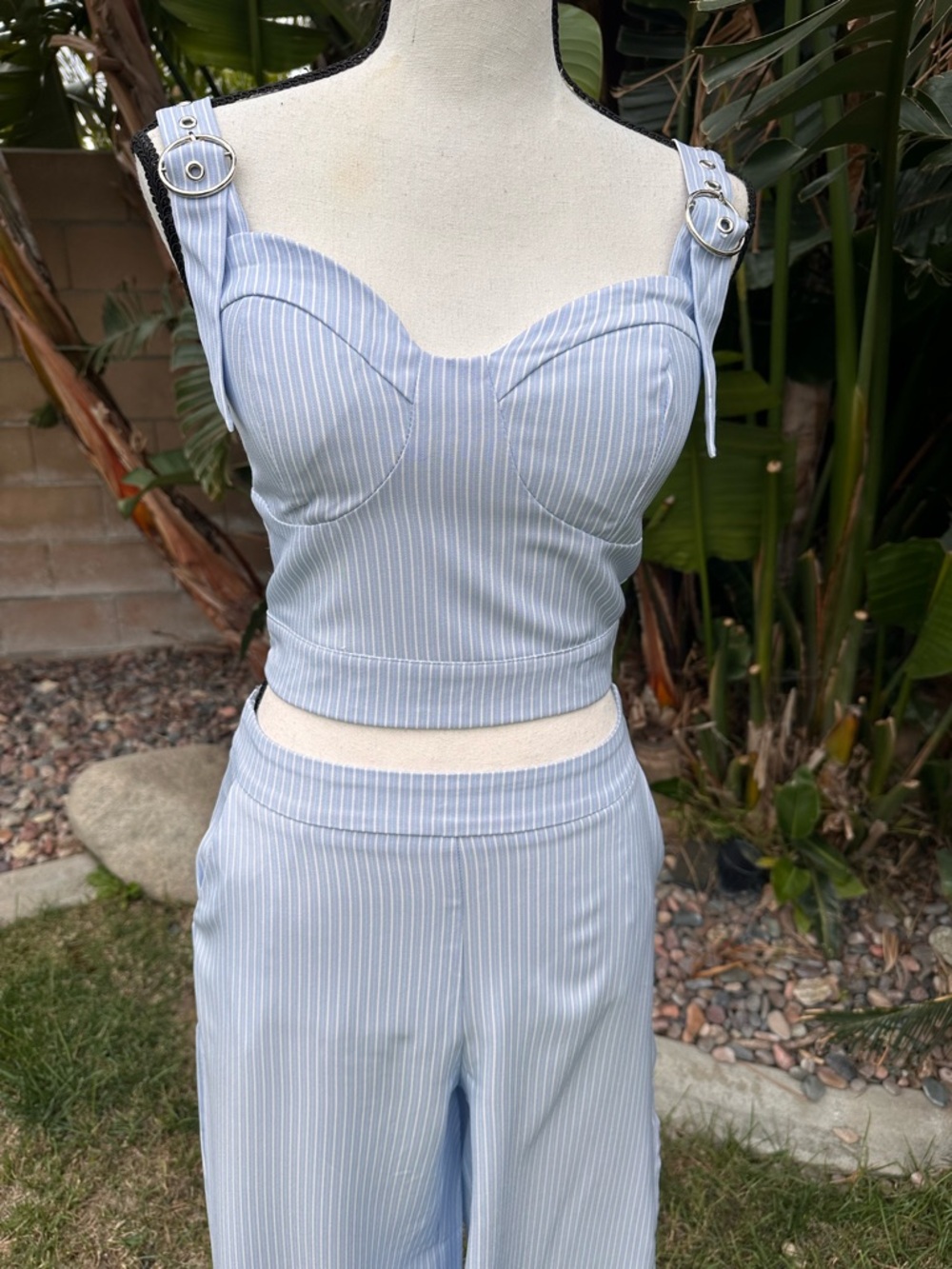 Luxmi Women’s Light Blue/White Pinstripe Bustier Crop Top and Pants Set, NWOT
